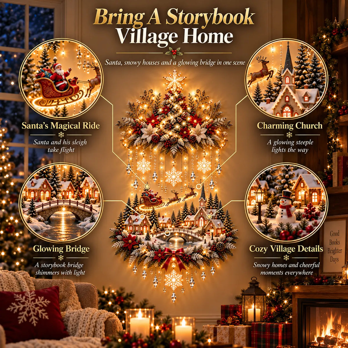 🎄🔥 Illuminated Christmas Tree & Village Wall Hanging | Cascading Warm Lights for Living Rooms, Entryways & Staircases ✨