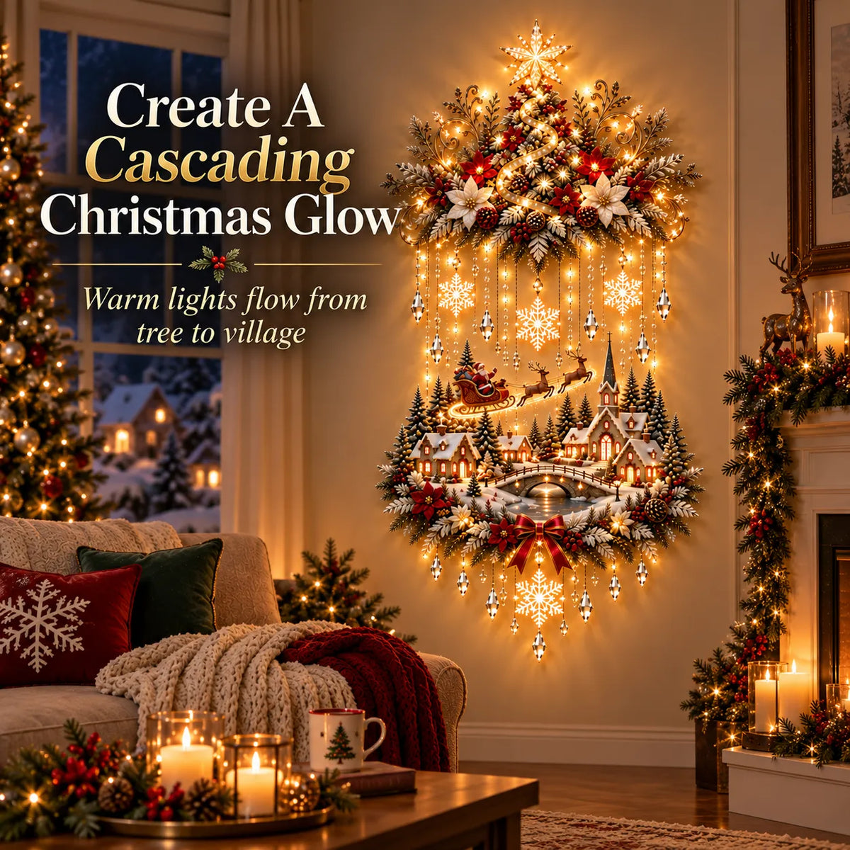 🎄🔥 Illuminated Christmas Tree & Village Wall Hanging | Cascading Warm Lights for Living Rooms, Entryways & Staircases ✨