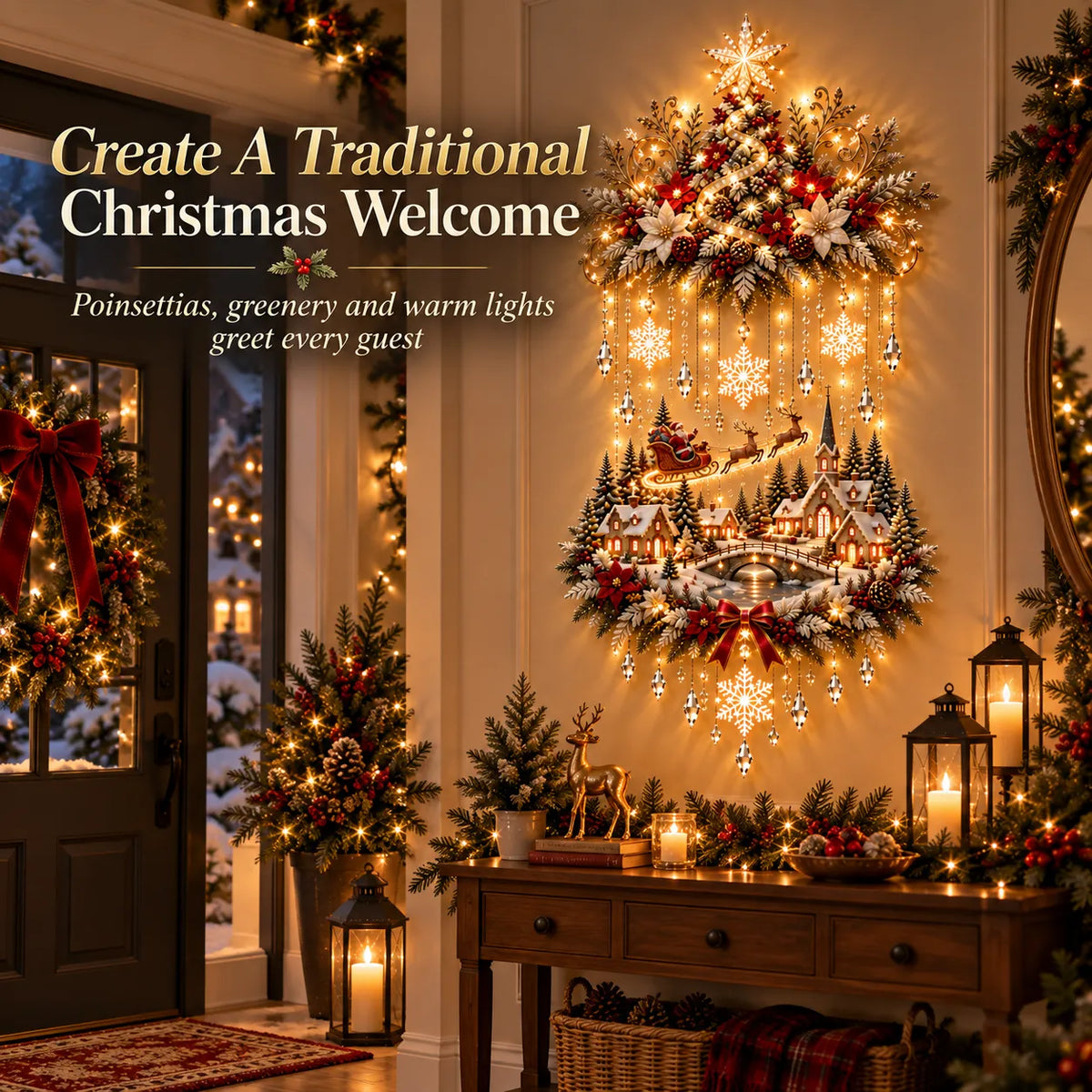 🎄🔥 Illuminated Christmas Tree & Village Wall Hanging | Cascading Warm Lights for Living Rooms, Entryways & Staircases ✨
