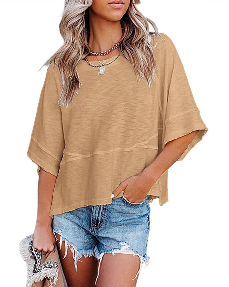 Panel Solid Color Flared Sleeve T-Shirt
