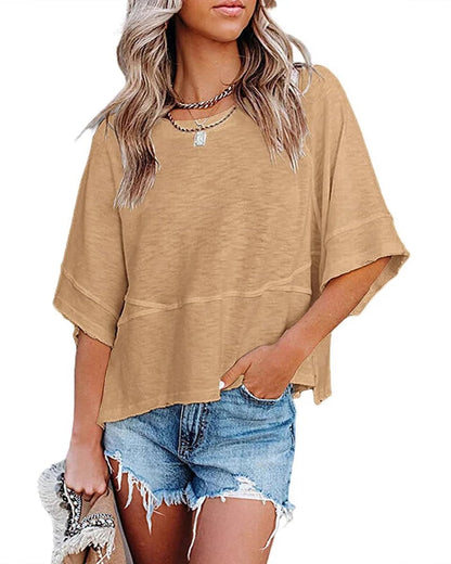 Panel Solid Color Flared Sleeve T-Shirt