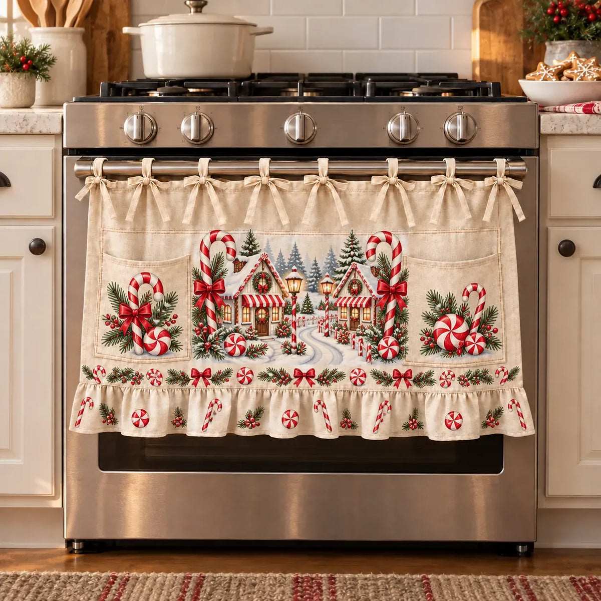 ⏳ Last Day 47% Off – 🎄 Christmas Kitchen Tie-on Skirt | Festive Holiday Designs With Pockets & Ruffled Trim ✨