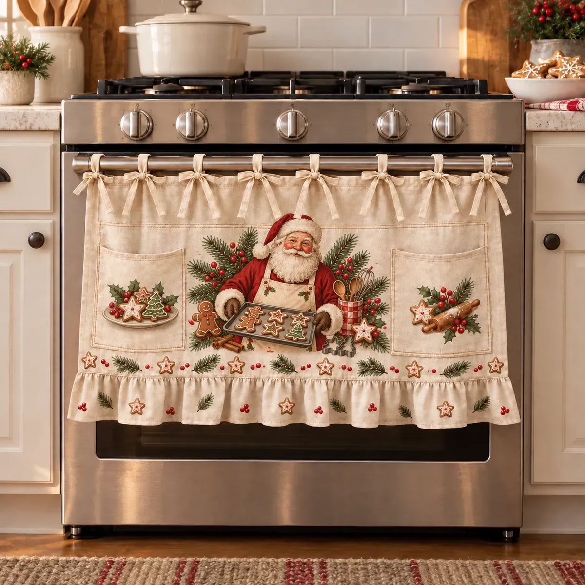 ⏳ Last Day 47% Off – 🎄 Christmas Kitchen Tie-on Skirt | Festive Holiday Designs With Pockets & Ruffled Trim ✨