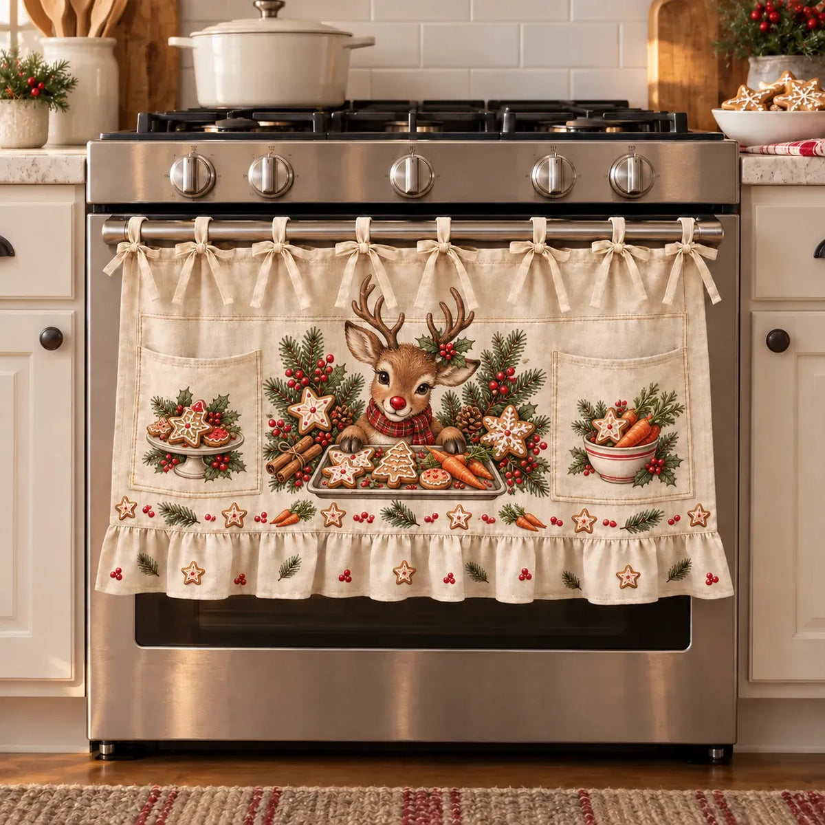 ⏳ Last Day 47% Off – 🎄 Christmas Kitchen Tie-on Skirt | Festive Holiday Designs With Pockets & Ruffled Trim ✨