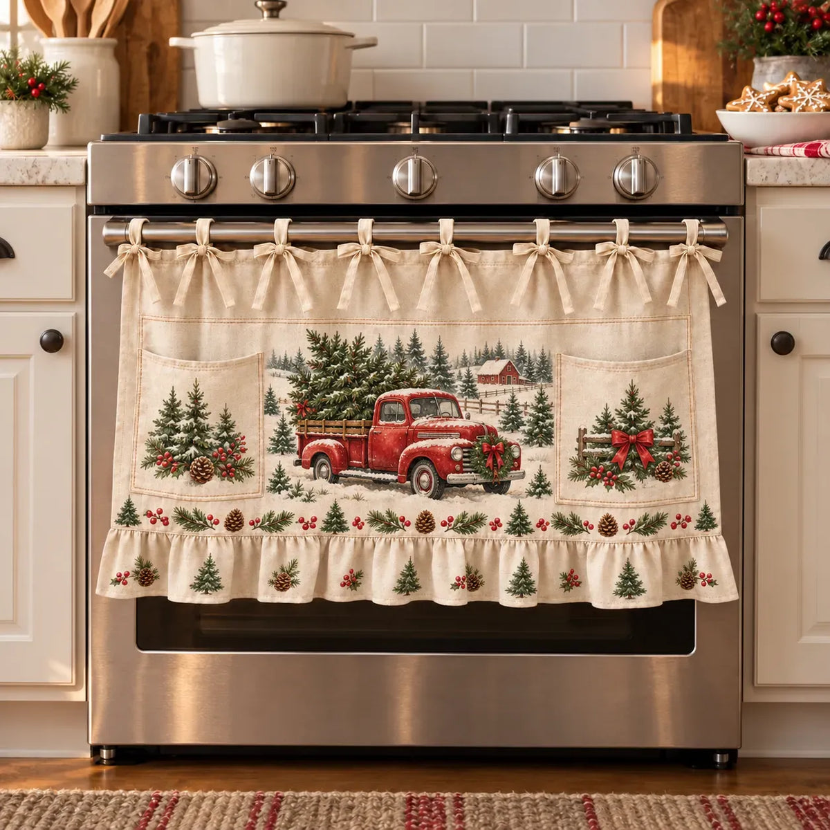 ⏳ Last Day 47% Off – 🎄 Christmas Kitchen Tie-on Skirt | Festive Holiday Designs With Pockets & Ruffled Trim ✨