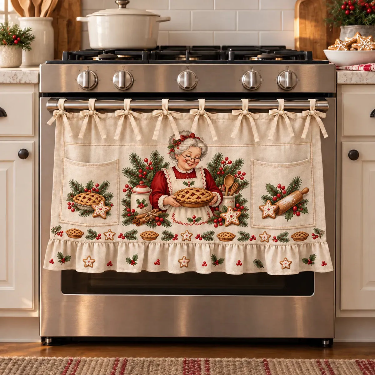 ⏳ Last Day 47% Off – 🎄 Christmas Kitchen Tie-on Skirt | Festive Holiday Designs With Pockets & Ruffled Trim ✨