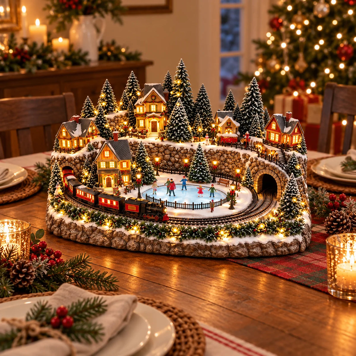 🔥 Last Day 47% Off 🔥Animated Christmas Train & Ice Rink Village with Lights and Music ✨