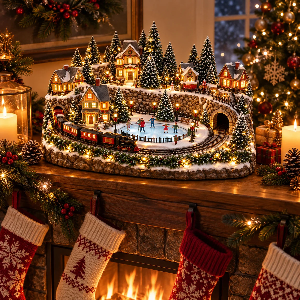 🔥 Last Day 47% Off 🔥Animated Christmas Train & Ice Rink Village with Lights and Music ✨