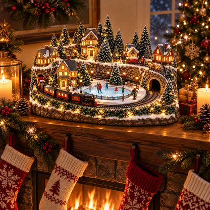 🔥 Last Day 47% Off 🔥Animated Christmas Train & Ice Rink Village with Lights and Music ✨