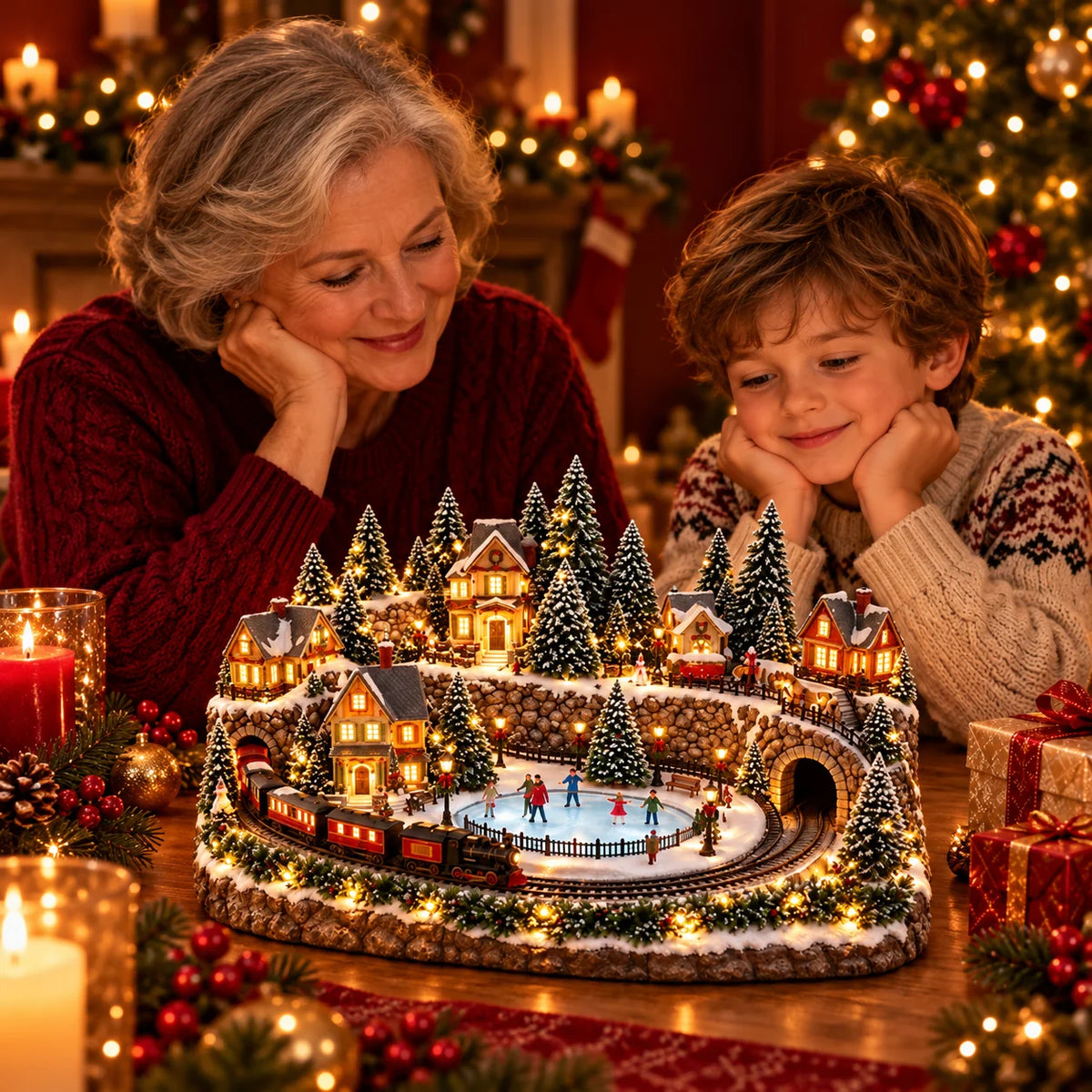 🔥 Last Day 47% Off 🔥Animated Christmas Train & Ice Rink Village with Lights and Music ✨