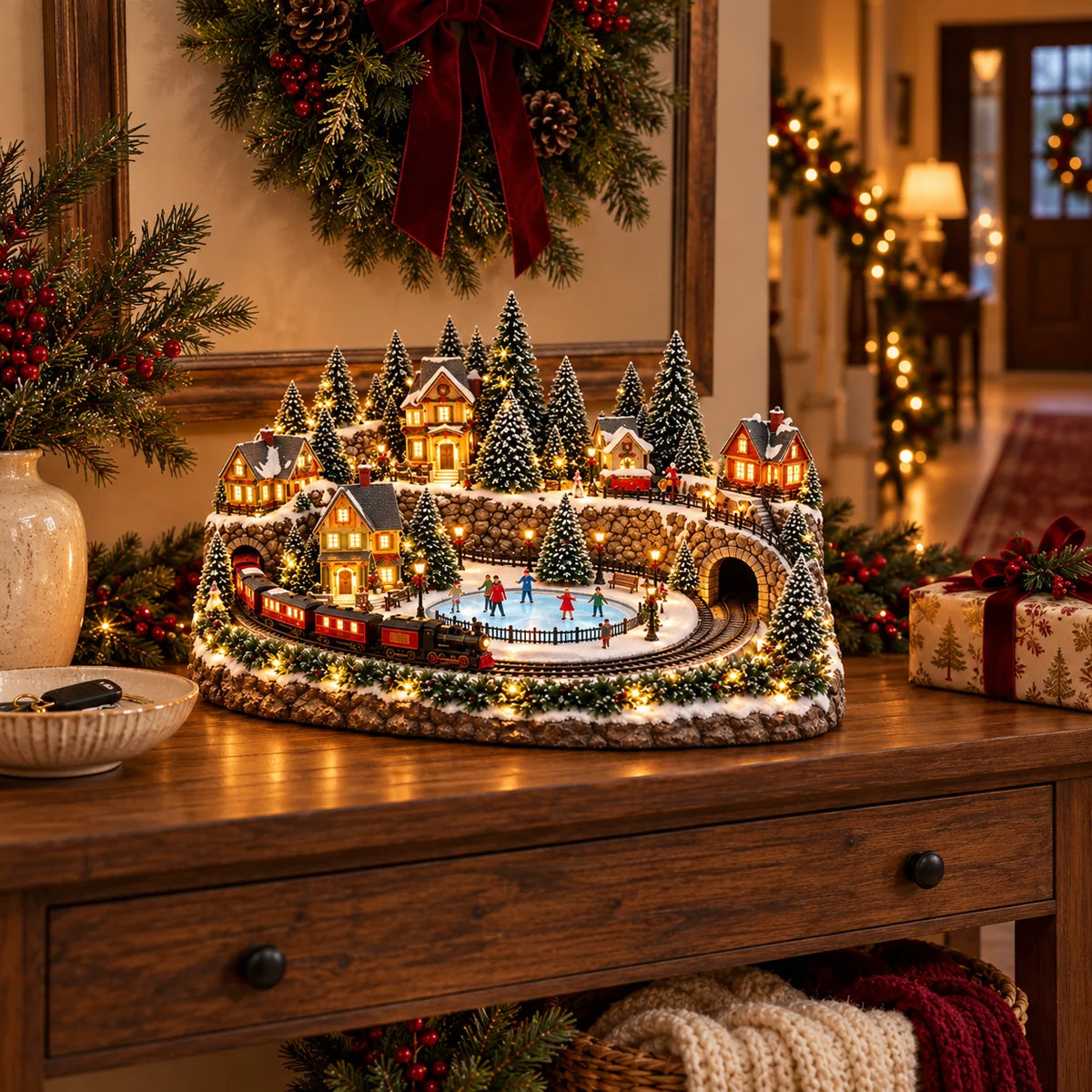 🔥 Last Day 47% Off 🔥Animated Christmas Train & Ice Rink Village with Lights and Music ✨
