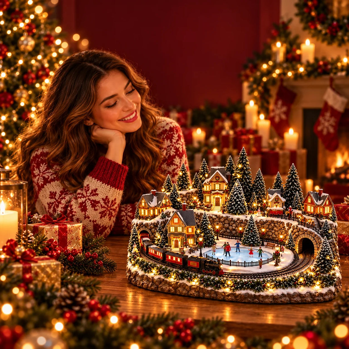 🔥 Last Day 47% Off 🔥Animated Christmas Train & Ice Rink Village with Lights and Music ✨