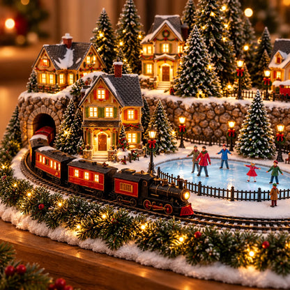 🔥 Last Day 47% Off 🔥Animated Christmas Train & Ice Rink Village with Lights and Music ✨