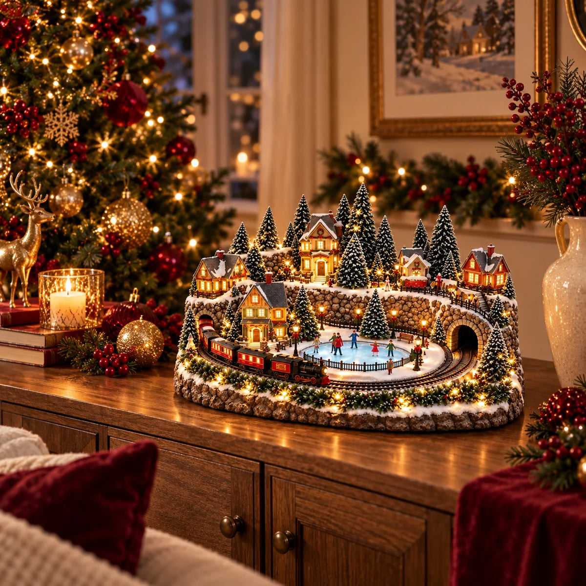 🔥 Last Day 47% Off 🔥Animated Christmas Train & Ice Rink Village with Lights and Music ✨