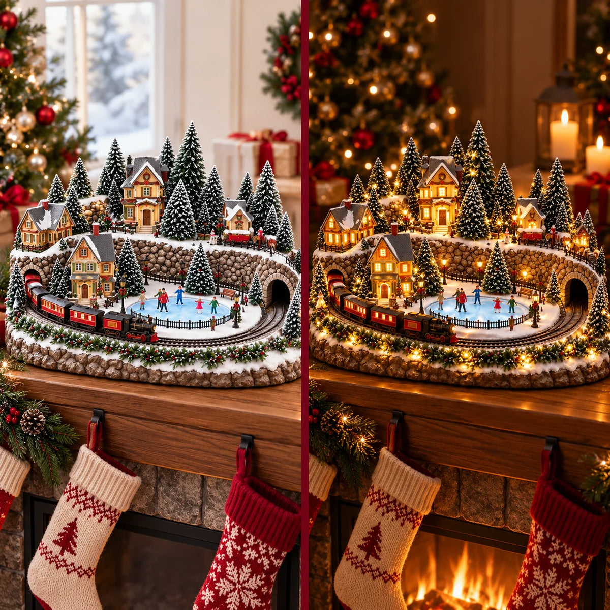 🔥 Last Day 47% Off 🔥Animated Christmas Train & Ice Rink Village with Lights and Music ✨