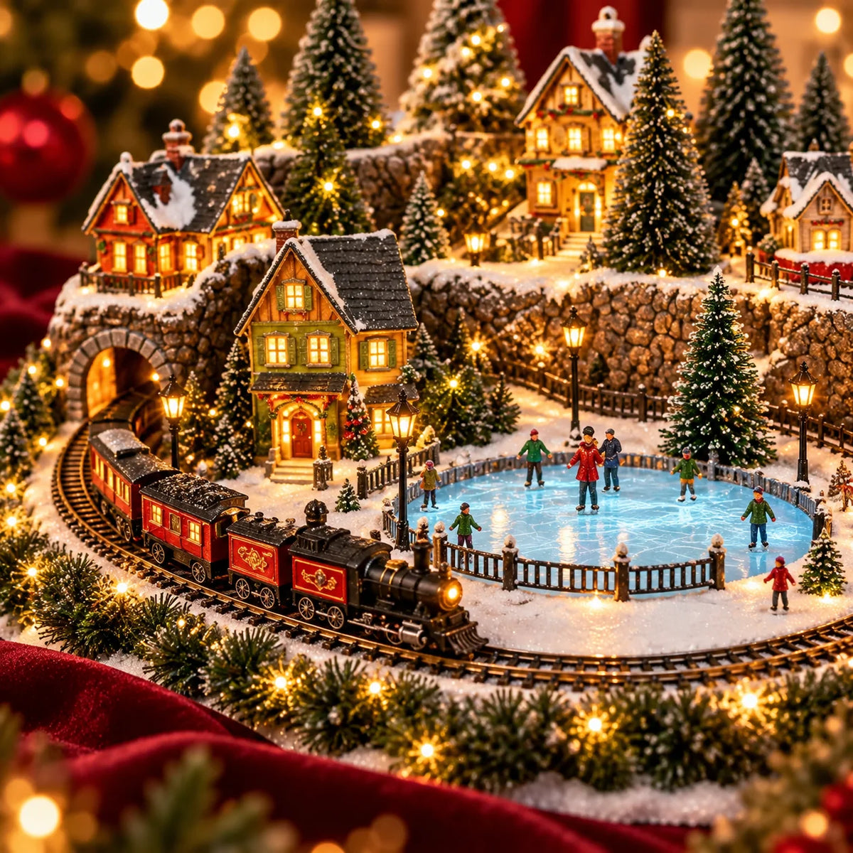 🔥 Last Day 47% Off 🔥Animated Christmas Train & Ice Rink Village with Lights and Music ✨