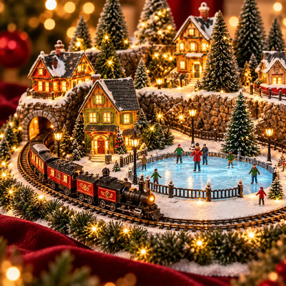 🔥 Last Day 47% Off 🔥Animated Christmas Train & Ice Rink Village with Lights and Music ✨