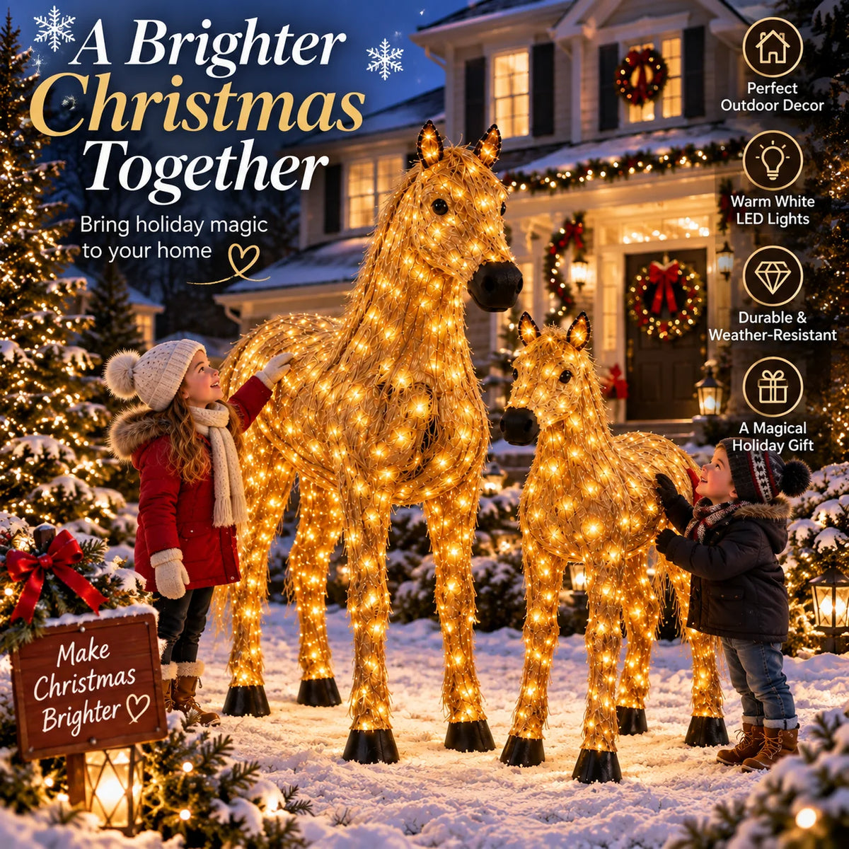 ✨🐎 Christmas Country Glow – Light-Up Horse & Foal Set with Warm White LEDs