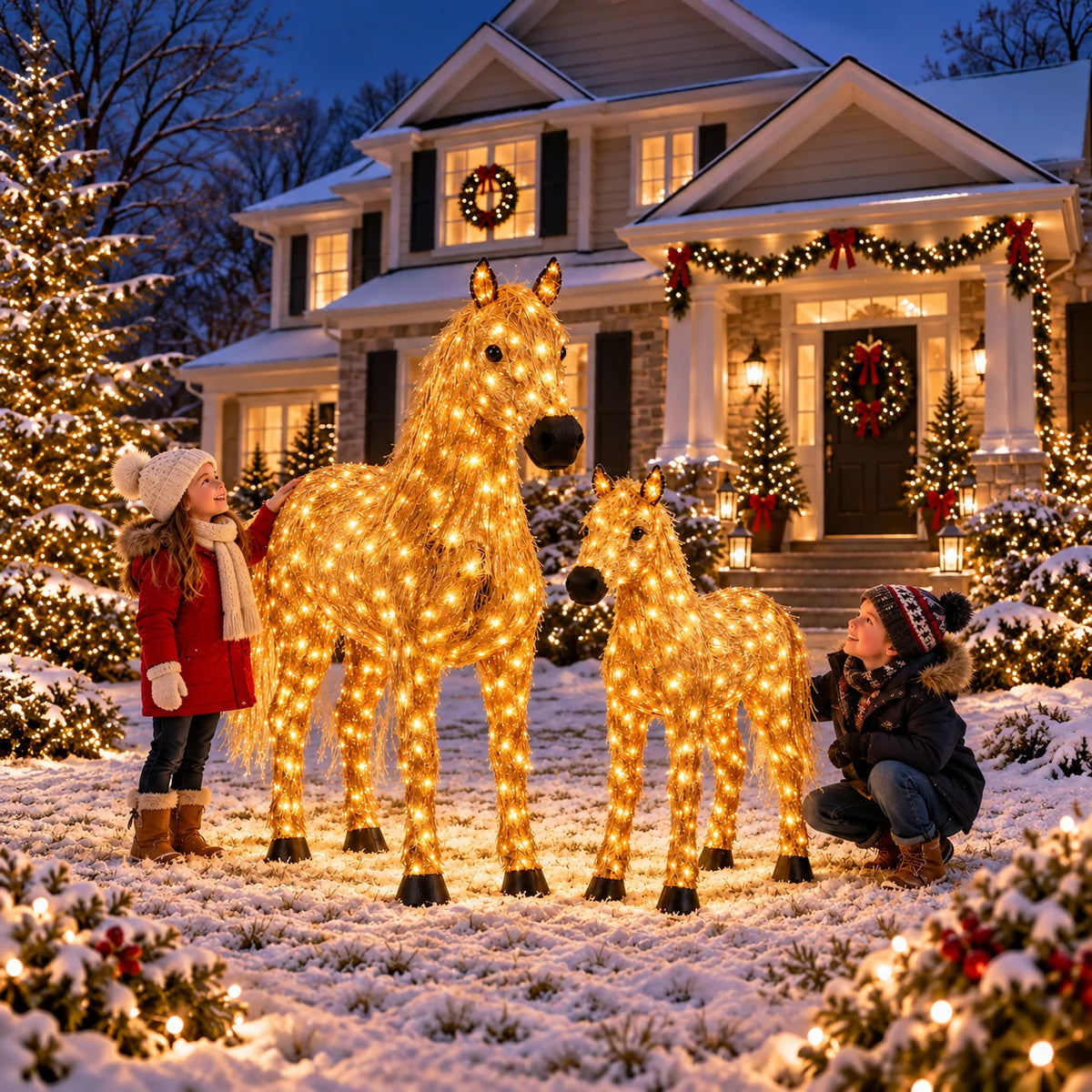 ✨🐎 Christmas Country Glow – Light-Up Horse & Foal Set with Warm White LEDs