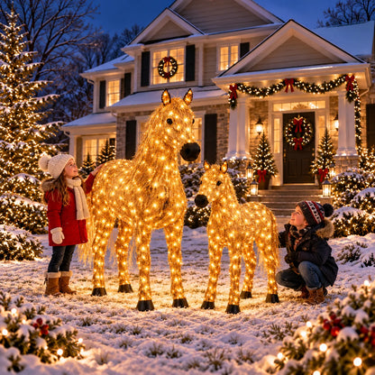 ✨🐎 Christmas Country Glow – Light-Up Horse & Foal Set with Warm White LEDs