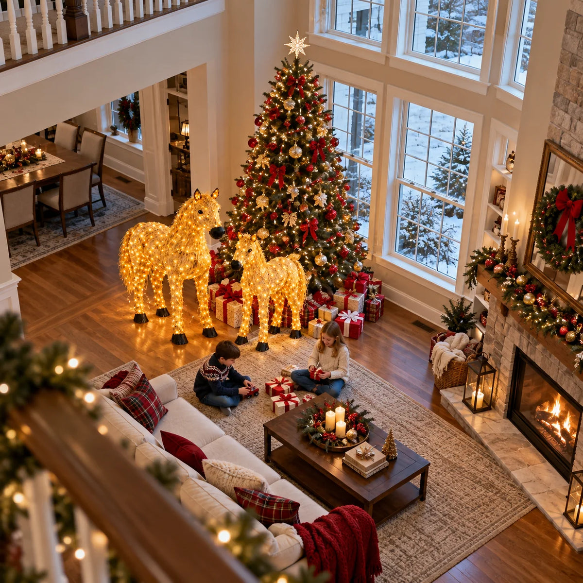 ✨🐎 Christmas Country Glow – Light-Up Horse & Foal Set with Warm White LEDs