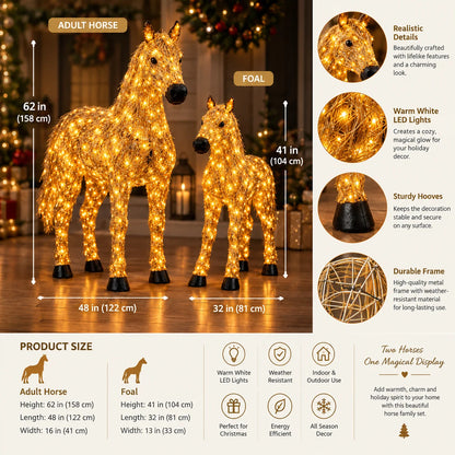 ✨🐎 Christmas Country Glow – Light-Up Horse & Foal Set with Warm White LEDs