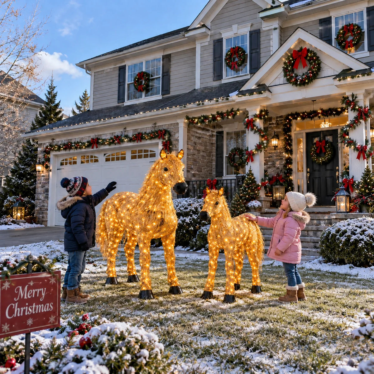 ✨🐎 Christmas Country Glow – Light-Up Horse & Foal Set with Warm White LEDs