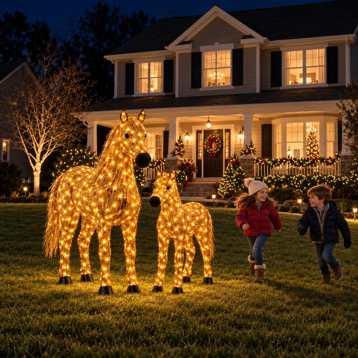 ✨🐎 Christmas Country Glow – Light-Up Horse & Foal Set with Warm White LEDs