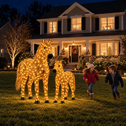 ✨🐎 Christmas Country Glow – Light-Up Horse & Foal Set with Warm White LEDs