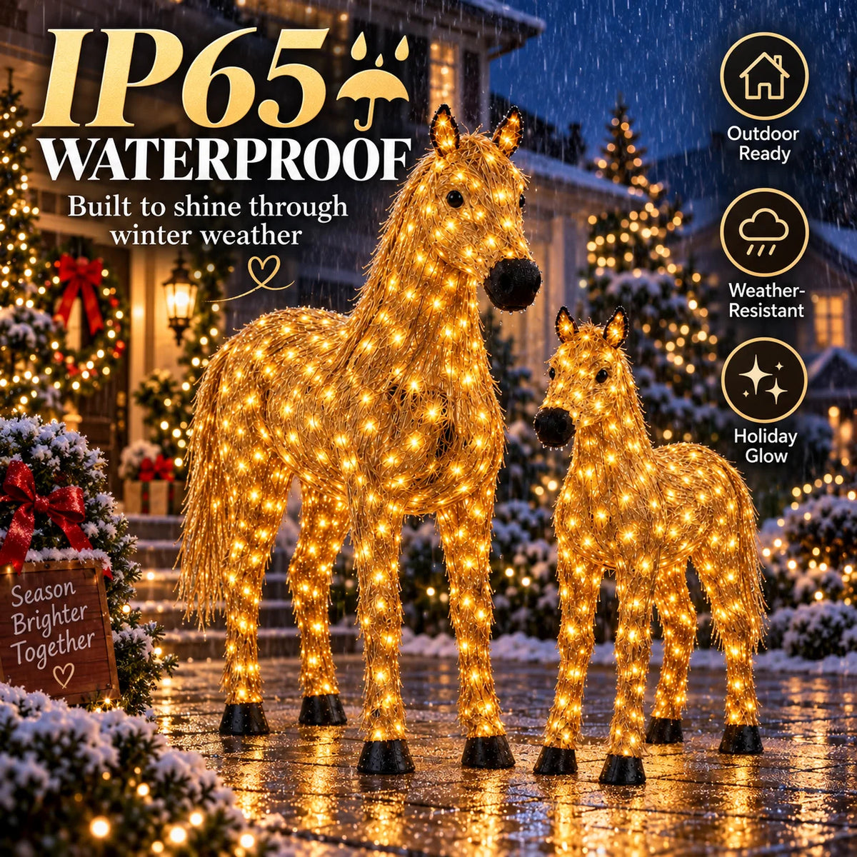 ✨🐎 Christmas Country Glow – Light-Up Horse & Foal Set with Warm White LEDs