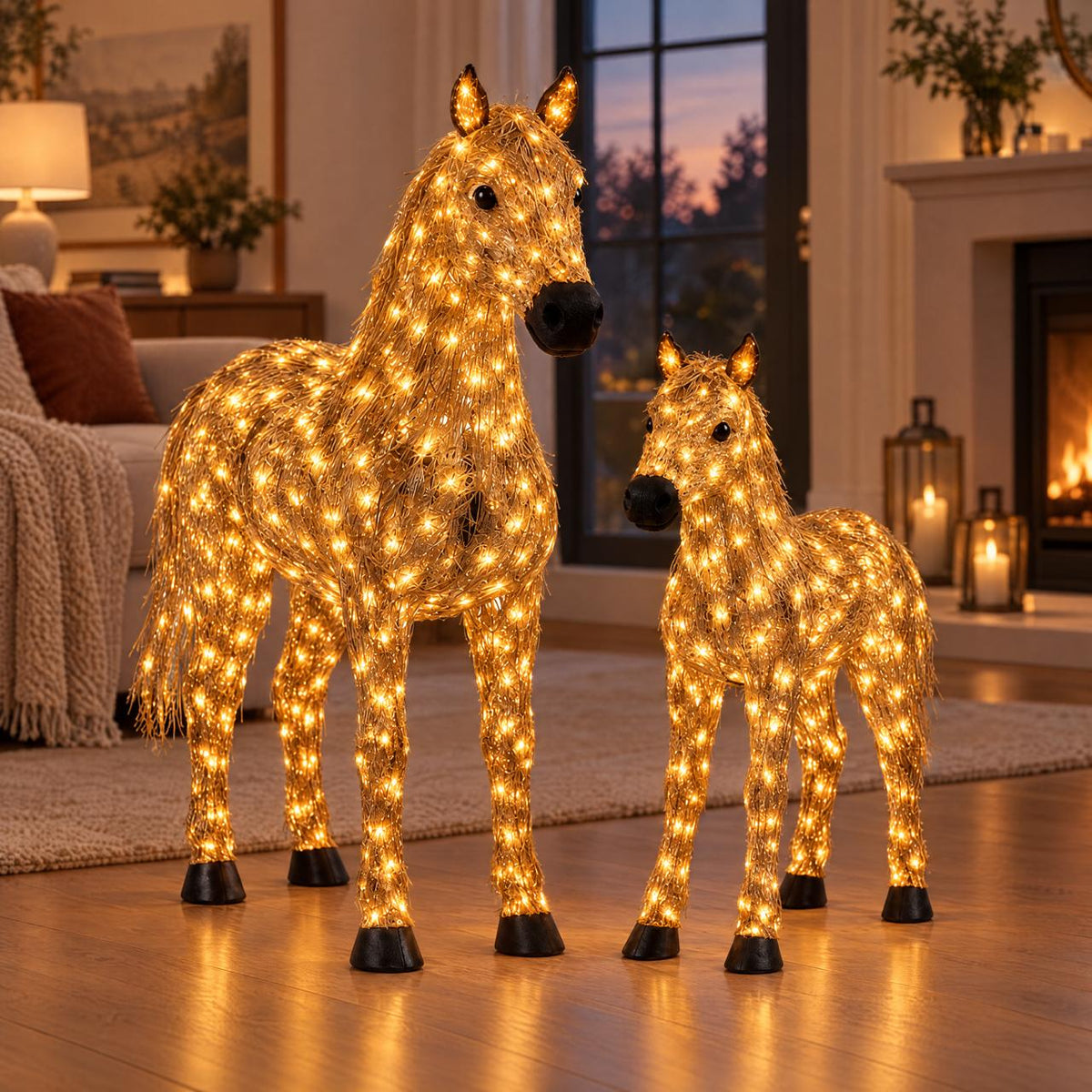 ✨🐎 Christmas Country Glow – Light-Up Horse & Foal Set with Warm White LEDs