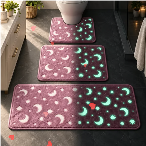 🌙 Glow-in-the-Dark Moon & Star Bathroom Mat Set – 3-Piece Plush Set