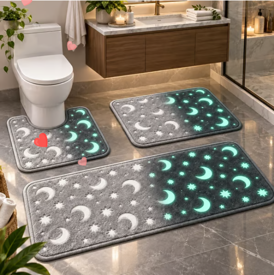 🌙 Glow-in-the-Dark Moon & Star Bathroom Mat Set – 3-Piece Plush Set