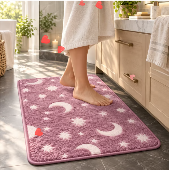 🌙 Glow-in-the-Dark Moon & Star Bathroom Mat Set – 3-Piece Plush Set