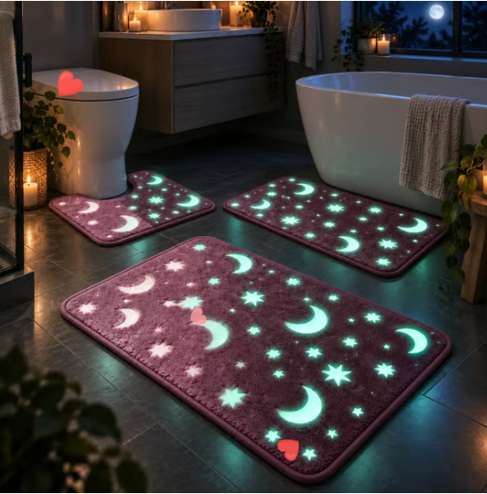 🌙 Glow-in-the-Dark Moon & Star Bathroom Mat Set – 3-Piece Plush Set