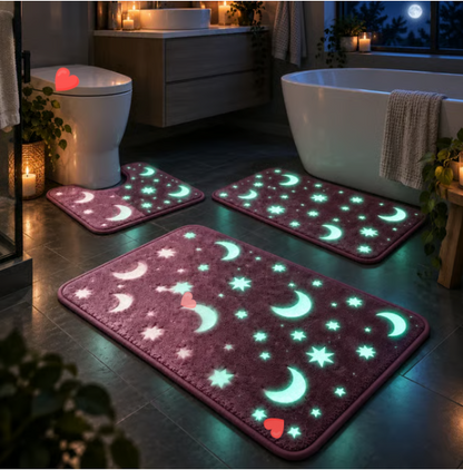 🌙 Glow-in-the-Dark Moon & Star Bathroom Mat Set – 3-Piece Plush Set