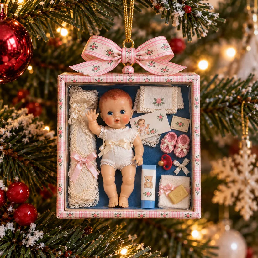 🎄🎁Vintage Baby Doll Gift Box Christmas Ornament – Nostalgic Keepsake