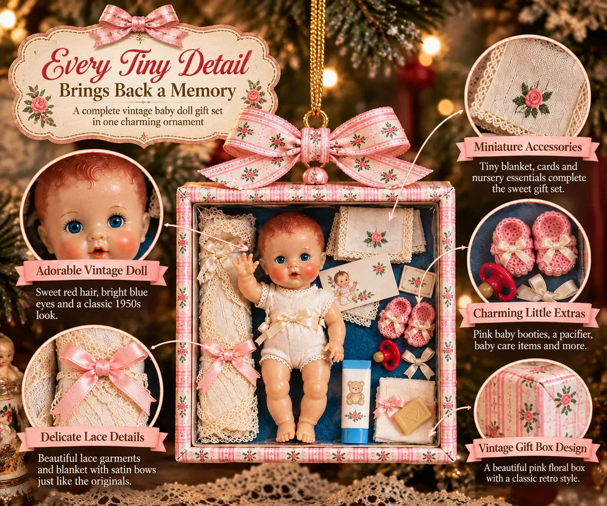 🎄🎁Vintage Baby Doll Gift Box Christmas Ornament – Nostalgic Keepsake