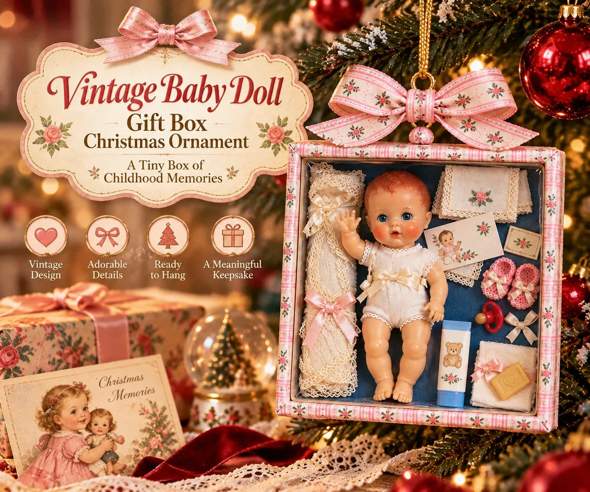 🎄🎁Vintage Baby Doll Gift Box Christmas Ornament – Nostalgic Keepsake