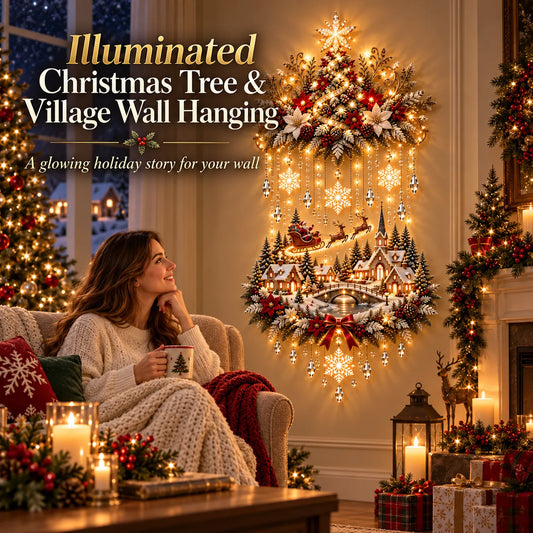 🎄🔥 Illuminated Christmas Tree & Village Wall Hanging | Cascading Warm Lights for Living Rooms, Entryways & Staircases ✨