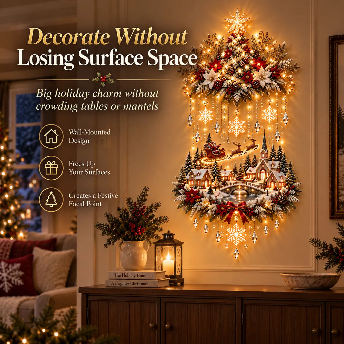 🎄🔥 Illuminated Christmas Tree & Village Wall Hanging | Cascading Warm Lights for Living Rooms, Entryways & Staircases ✨