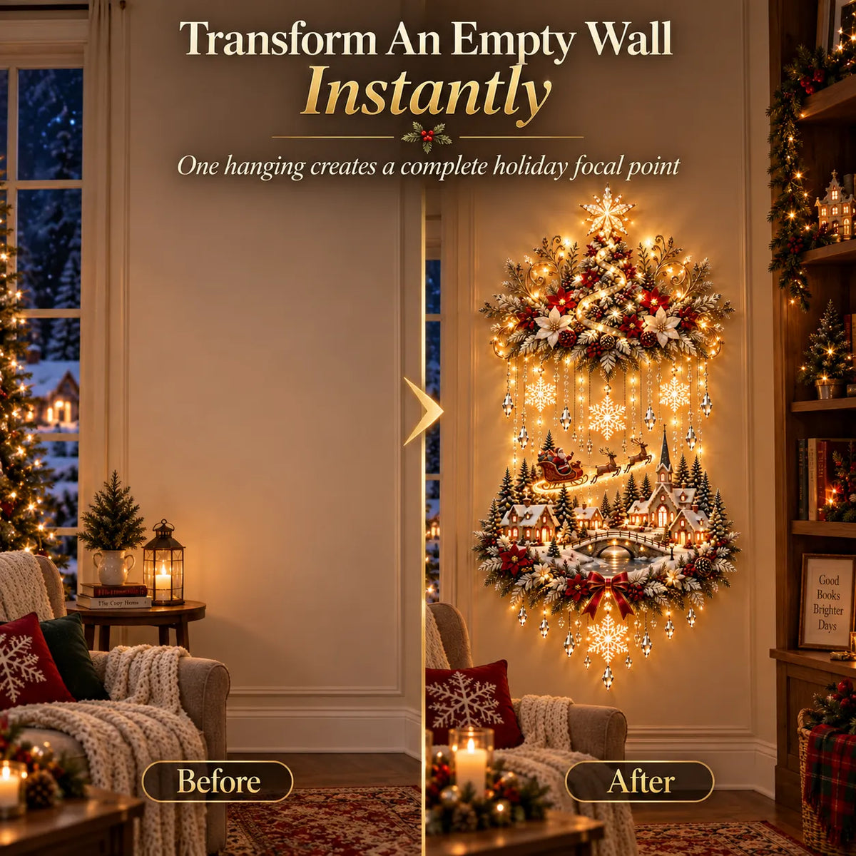 🎄🔥 Illuminated Christmas Tree & Village Wall Hanging | Cascading Warm Lights for Living Rooms, Entryways & Staircases ✨