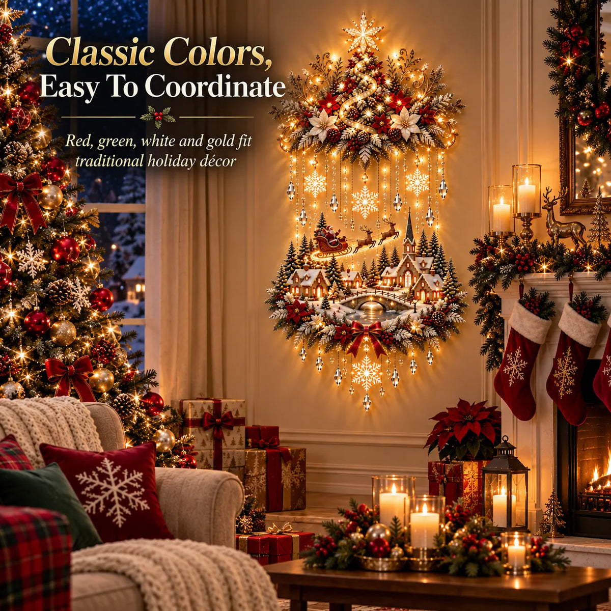 🎄🔥 Illuminated Christmas Tree & Village Wall Hanging | Cascading Warm Lights for Living Rooms, Entryways & Staircases ✨